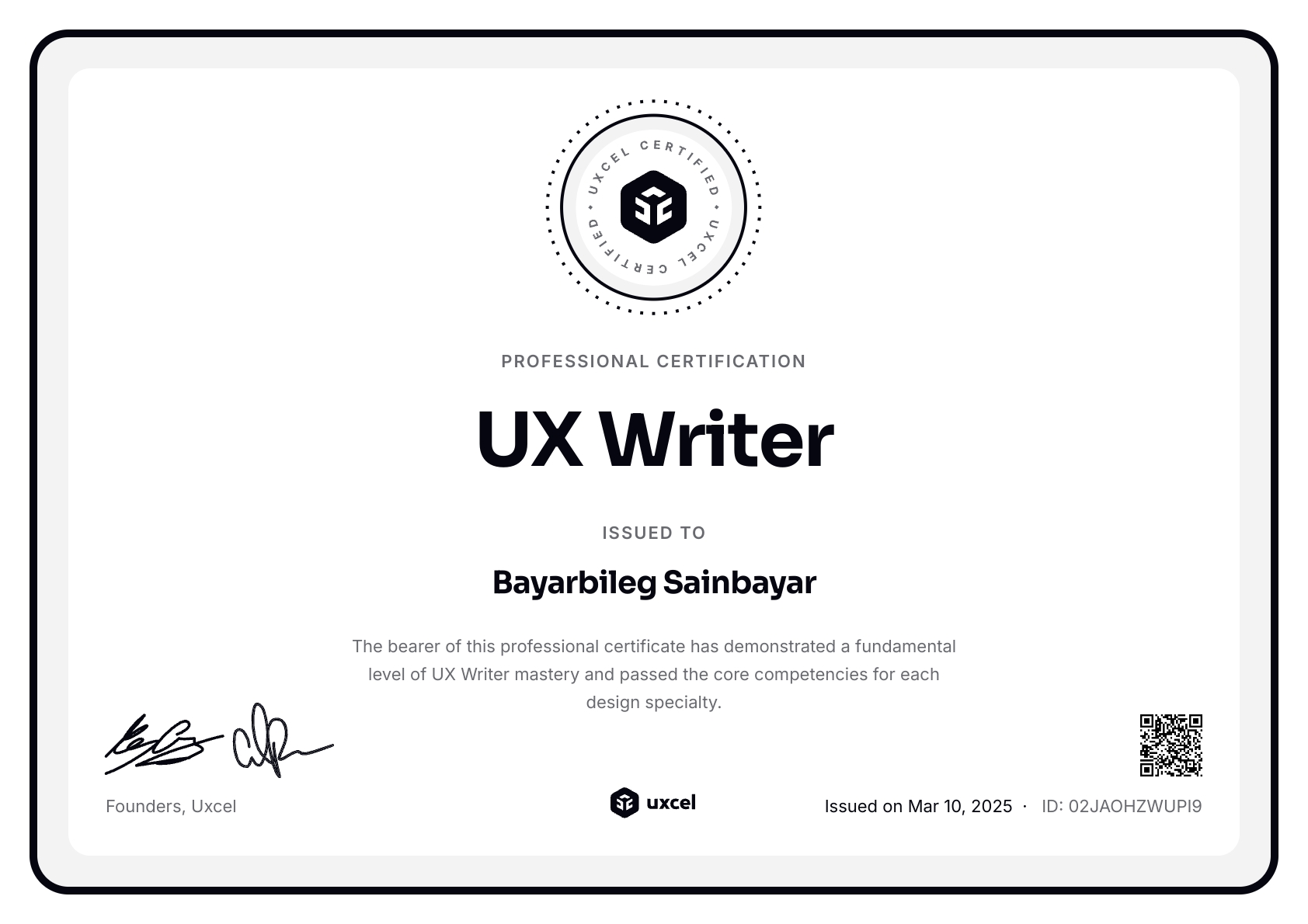 Bayarbileg Sainbayar's certificate